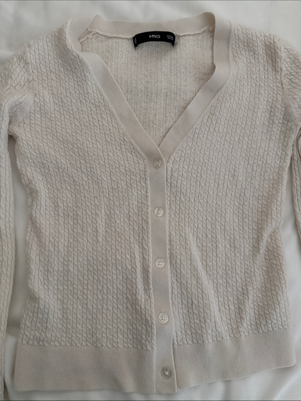 Wool Mango Cream V-Neck Textured Button-Front Cardigan